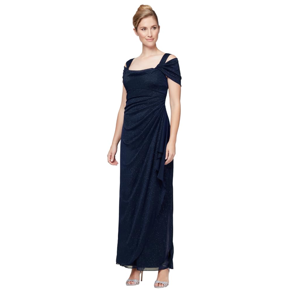 Photo 1 of Alex Evenings Women's Long Cold Shoulder Dress (Petite and Regular Sizes), Dark Navy Glitter, 12