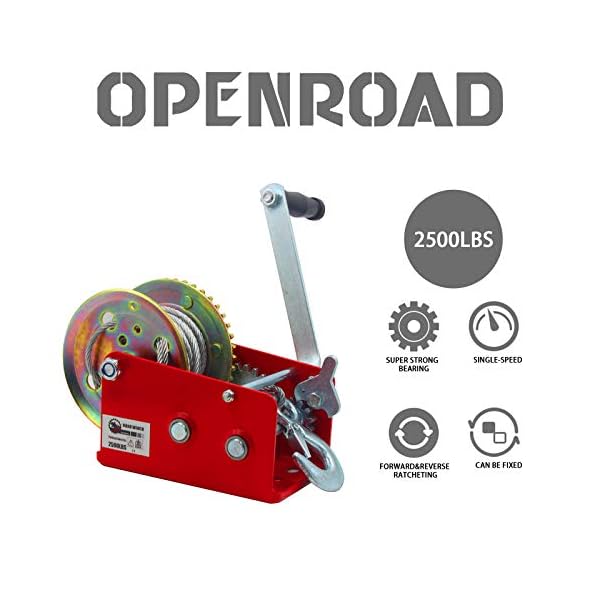 OPENROAD 2500lbs Hand Winch,Red Boat Trailer Winch with Hook,10M Steel