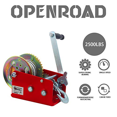 OPENROAD 2500lbs Hand Winch,Red Boat Trailer Winch with Hook,10M Steel Cable with Crank Handle 2 Gear Winch,Pulling Winch for Boat… - Image 2