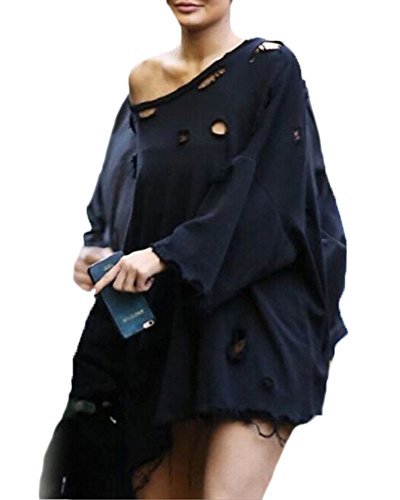 Smile Fish Women Casual Oversized Hole Off Shoulder Pullover Sweatshirt