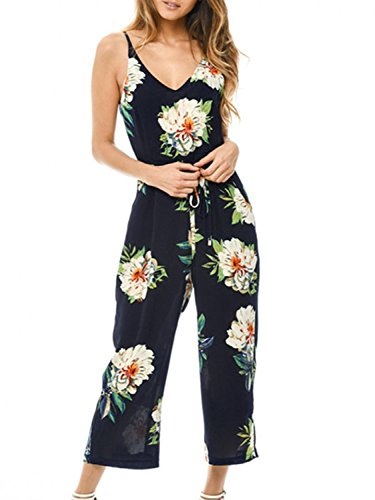 BerryGo Women's Boho Strap V Neck Floral Print Wide Leg Jumpsuit Romper Navy Blue