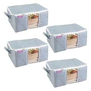 PrettyKrafts F1295 Jute Print Underbed Storage Organizer Bag with Side Handles – Jute Grey, Standard Size (Set of 4)