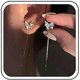 Boho Wedding Dainty Cz Tiny Butterfly Threader Earrings Gold Small Crystal Stud Pull Through Earrings Thread Long Chain Tassel Line Bar Dangle Cute Mini Drop Simple Delicate Minimalist for Women