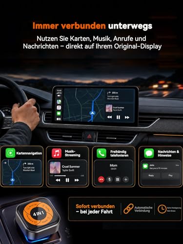 4-in-1 Wireless CarPlay Adapter for Apple CarPlay & Android Car, AirPlay & MirrorLink Screen Mirroring, Wired to Wireless Car Play Adapter, 5.8GHz WiFi Bluetooth 5.4, Plug & Play, USB-A/C, Orange