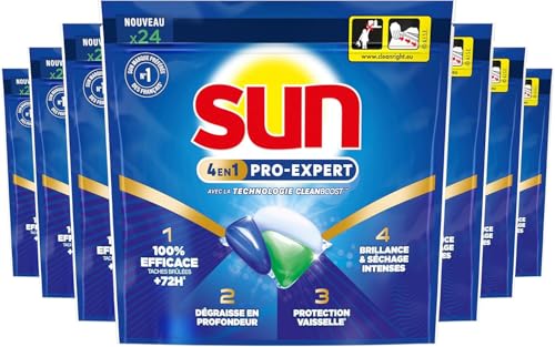 Sun - Pro Expert - 168 Pastilles Lave Vaisselle - Action 4 en 1 - Regular - Elimine 100% des taches brûlées de +72h - dégraissent en Profondeur - 24 Capsules (Lot de 7)