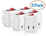 Yubi Power Single Port Outlet Wall Tap Adapter 2 Prong One Outlet Adapter With Lighted Switch Power On Off Control - 5 Pack