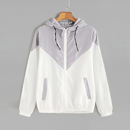 Women's Color Block Drawstring Long Sleeve Hooded Zip Up Sports Jacket Windproof Windbreaker (Grayk/White, S)