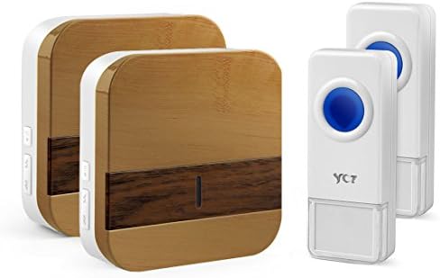 YCZ Wireless Waterproof Remote Doorbell with 2 Remote Button and 2Plugin ,Operating at over 500-feet Range with Over 50 Chimes,No Batteries Required for Receiver, Push Button with LED Indicator(wood)