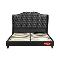 Bliss Brands Bed Frame (Black), King Sized with Tufted Nail Head Studded Curved Headboard & Faux Leather Upholstery, 2019 Updated Model