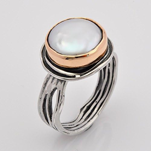 Gift for her, Large Pearl Ring, Vintage Pearl ring, ring, Two tones pearl Ring, Statement Silver Ring, silver and gold ring Sizes 3-11