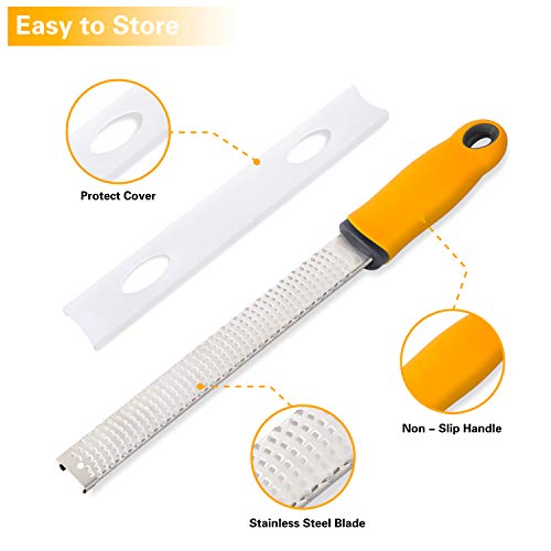 Professional Lemon Zester, Stainless Steel Cheese Grater for Chocolate, Ginger, Garlic, Nutmeg, Potato, Vegetables, Fruits - Protect Cover & Brush Included â€“ Dishwasher Safe (Yellow)
