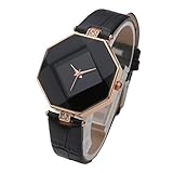 Top Plaza Women Fashion All Black PU Leather Wrist Watch Rhombus Rhinestone Rose Gold Case Non Scale Analog Quartz Watch