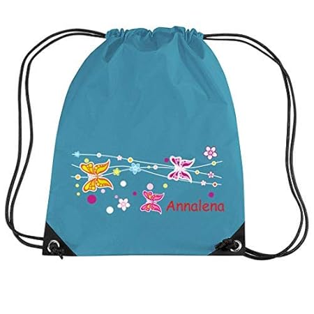 Mein Zwergenland Turnbeutel Sportsack mit Name Schmetterling Ranke, 10 L, Aqua
