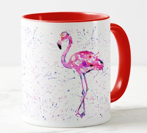 Vixar Flamingo Watercolour Rainbow Art Coloured Mug Cup, Gift, Birthday, Work, Office, Christmas Tea Coffee (Red)