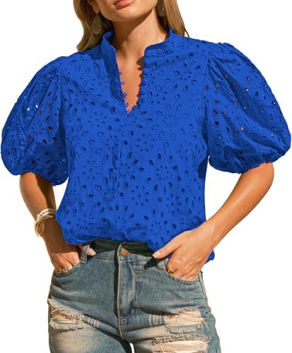 Allegra K Crochet Eyelet Top for Women's Mock Neck Puff Sleeve