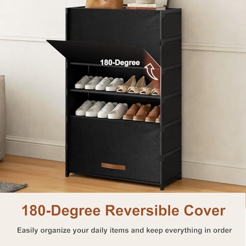Shoe Rack, 7 Tier Shoe Storage Cabinet with Door 28 Pair Plastic Shoe Shelves Organizer for Closet, Entryway, Hallway, Bedroom, Black