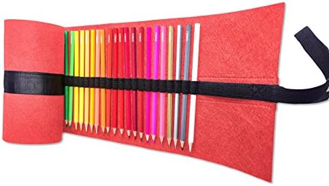 Wool Canvas Pencil Wrap Organizer - 48 Piece Roll Up Pen Holder Pouch - Pencils NOT Included - Red