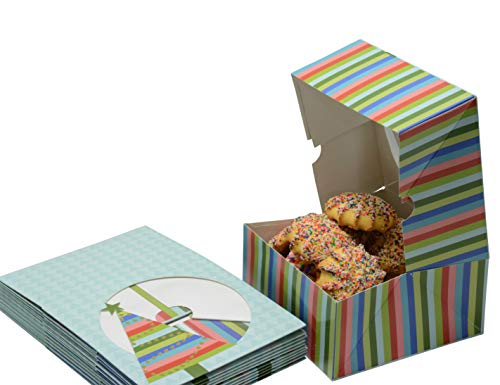 Christmas Cookie Gift Boxes Doughnut & Cake Bakery Box with Window 6 Inch, Blue with Colorful Stripes and Gold Foil Hot Stamp for Gift Giving on Holiday and Party Favors (Set of 12)