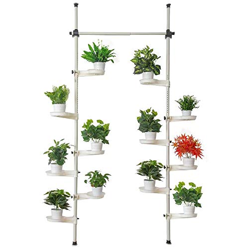 Indoor Plant Storage, FOME Metal Spring Double Pole Stand Corner Flower Display Rack Plant Storage Shelf Hanging Plant Stand Planter Rack Indoor with 12 Trays 2 Hooks 1 Telescopic Rod