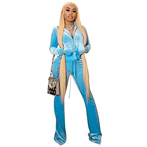 TWO PIECE PANTS OUTFITS FOR WOMEN VELOUR LONG SLEEVE ZIP UP CROP TOPS JACKETS AND FLARED LONG PANT SETS LIGHT BLUE S