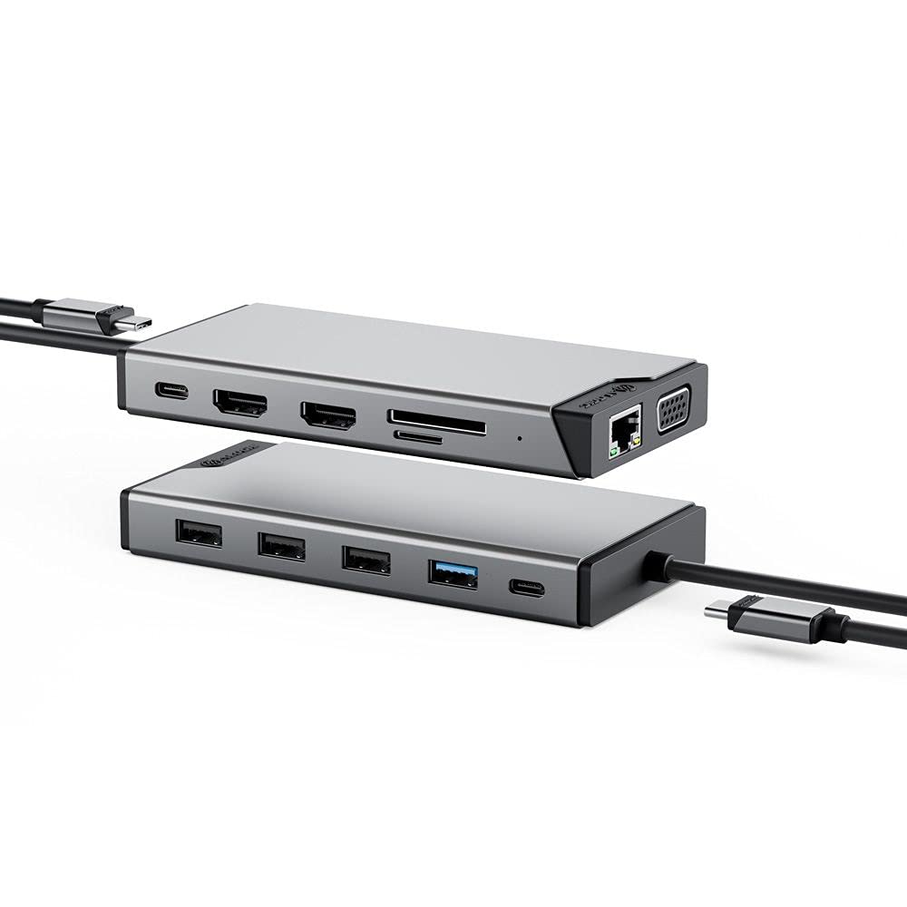 ALOGIC Triple Display USB-C 12-in-1 Mini Docking Station, 2x HDMI, 1x VGA, 100W PD, 2x USB-C, 3x USB-A 2.0, 1x USB-A 3.0, 1x SD/Card Port, RJ45, DisplayLink, Compatible with MacBook/Windows & more.