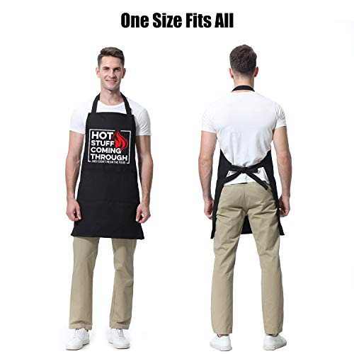 Hot Stuff Coming Through - Black Aprons for Men with 3 Pockets - Funny Birthday, Valentines Day Cooking Gifts for Men, Boyfriend, Him - Husband Valentine Gifts from Wife - Miracu Kitchen Chef Apron