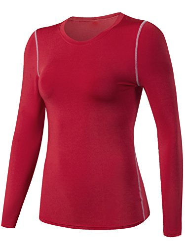 Lavento Women's Compression Shirt Sport Performance Crewneck Long-sleeve T Shirt(Medium,1 Pack-Red)