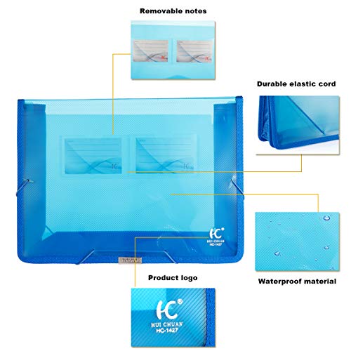 HC Eco-Friendly Plastic File Folders Clear Premium Poly Envelope Folder with Elastic Tape and Card Slot, Durable & Waterproof Great for Office, Home, School Organization - Blue