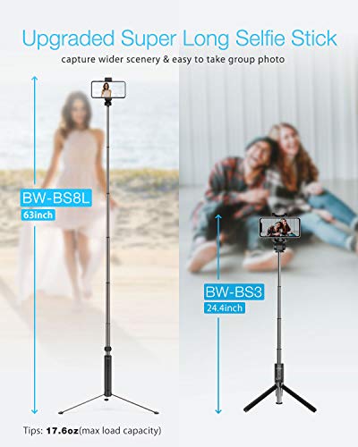 Selfie Stick Bluetooth, BlitzWolf 63inch Extendable Selfie Stick Tripod with Wireless Remote for iPhone Xs MAX/XS/XR/X/iPhone 8/8 Plus/iPhone 7/7 Plus/6s/6, Galaxy S9/S9 Plus/S8/S8 Plus, More