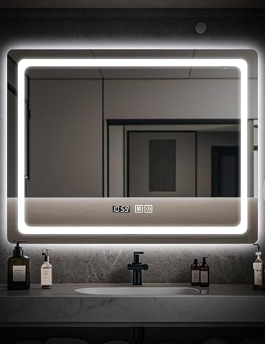 SAGIWO Espejo de Baño LED Cuadrado de 90 * 70 cm, Espejo Inteligente para Baño Antivaho con Luz Ajustable,Iluminado en 3 Colores con Espejo de Pared Horizontal,Botones Táctiles