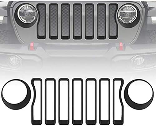 Car Mesh Grille Grill Insert + Headlight Turn Light Cover Trim for Jeep Wrangler JL 2018-2019 Durable (Color : Black)