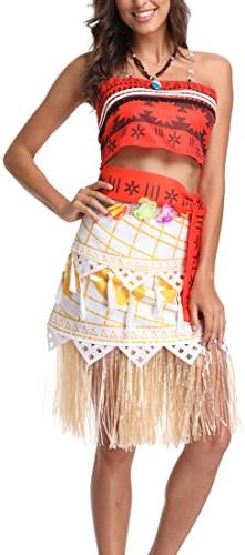 Women Girl's Halloween Cosplay Costume Polynesian Princess Fancy Dress Up Outfit with Necklace