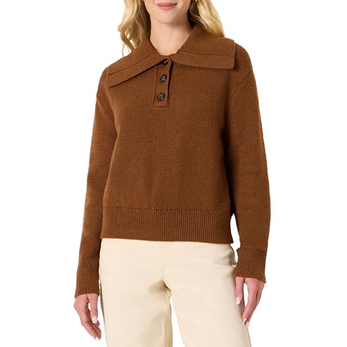 Amazon Essentials Women's Relaxed-Fit Button Collar Sweater, Ribbed, Soft Cotton Blend, Dropped Shoulders, Caramel Heather, Large at Amazon