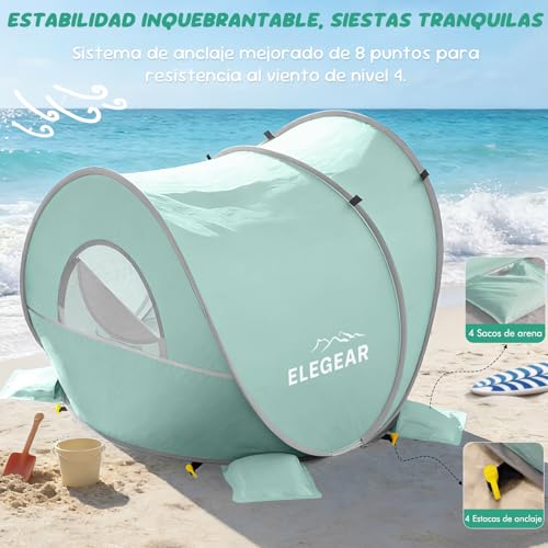 Elegear Carpa de Playa para Bebé Portátil, Pop-Up Refugio Solar con Protección Solar, UPF 50+ Protección UV Carpa de Playa para Bebé, Fácil Instalación y Ligera Tienda con Toldo para Costa,Verde Claro