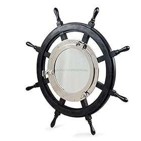 Nagina International 24" Premium Matte Black Solid Wood Pirate's Ship Wheel with 10" Aluminum Polished Porthole Mirror | Captain's Maritime Beach Home Decor 410vE9dQR%2BL. SS280