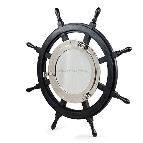 Nagina-International-24-Premium-Matte-Black-Solid-Wood-Pirates-Ship-Wheel-with-10-Aluminum-Polished-Porthole-Mirror-Captains-Maritime-Beach-Home-Decor 410vE9dQR%2BL