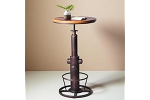 BOKKOLIK Industrial Bar Table Swivel Round Wooden Top Height Adjustable 38.6-44.4inch Vintage Kitchen Dining Chair Coffee Tab