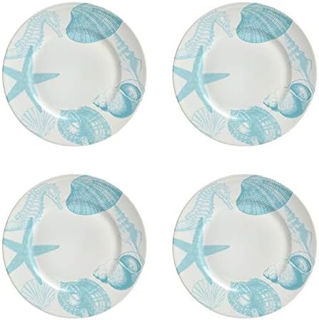 Port Townsand Turquoise Coastal Seashells Starfish Seahorse Porcelain Dinner Plates, Set of 4
