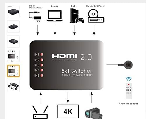 Microware 4K 5 Input 1 Output HDMI 2.0 Switch Box 5x1 HDR HDMI Switcher Audio Extractor with IR Control