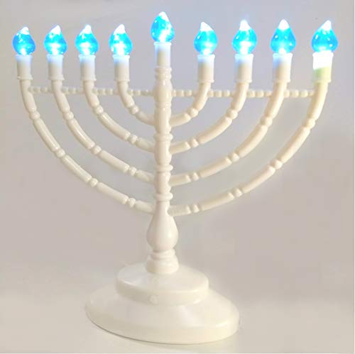 Quality Judaica LED Hanukkah Menorah, Battery or USB Powered, Includes Micro USB Cable, White with Blue Bulbs