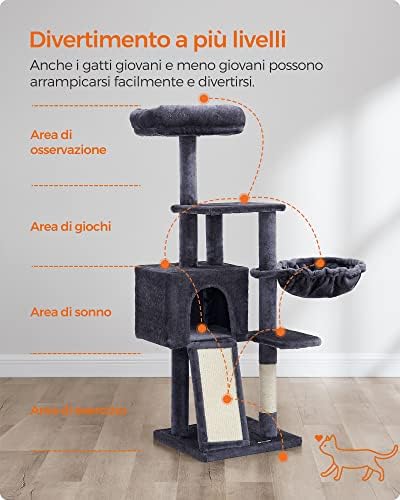 Albero per Gatti, Tiragraffi Piccolo da 135 cm, Condominio per Gatti in Peluche a più Livelli con Copertura per Trespolo Rimovibile Lavabile, Graffiatoio, Cesto, Grotta, Grigio Scuro