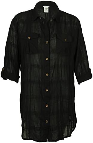 Dotti Women's Plus Size Perfect Plaid Safari Shirt Dress Swim Cover Up Black 1X