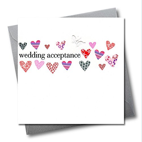 Claire Giles Greeting Cards, Wedding Acceptance Card, Hearts design Wedding Greeting Card, Embellished with a Fabric Butterfly