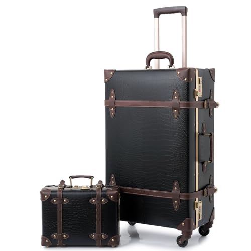 urecity Vintage Travel Suitcase Set with Digital Lock Luxury Cute Retro Cabin Luggage Sets 4 Wheels Suitcase (Black Crocodile Embossing, S(12")+L(26"))