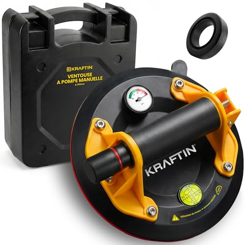 KRAFTIN Suction Cup Tile Vacuum Pump Diameter 200 mm 150 kg – Double Layer Rubber High Adhesion – Bubble Level + Pressure Gauge – Non-Slip Handle – Professional – Ceramic, Marble, Glass