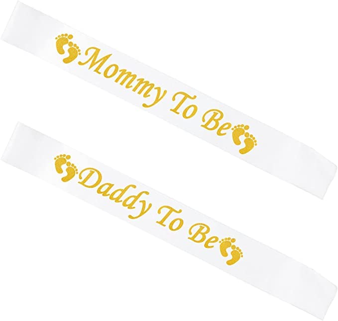 Happium Party Accessories Mummy To Be Sash, White daddy to be Sash, 2 PCS Baby Shower Sash Mum to Be Sash Daddy to be Satin Sash for Baby Shower Party Decorations