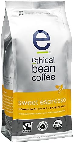 Ethical Bean Coffee Sweet Espresso: Medium Dark Roast Whole Bean Coffee- USDA Certified Organic Coffee, Fair Trade Certified - 12 Ounce Bags (Pack of 2)