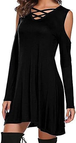Ladies Dress,Women Soild Casual Round Neck Cross Bandage Long Sleeve Cold Shoulder Knee-Length Mini Dress