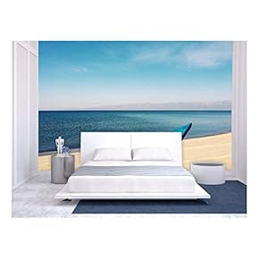 Large Wall Mural - Blue Boat on The Beach by Seaside | Self-Adhesive Vinyl Wallpaper/Removable Modern Wall Decor - 66x96 inches
