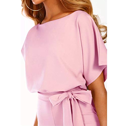 Sunyastor Womens Short Sleeve One Piece Jumpsuit Cocktail Romper Pant Suit Clubwear Straight Leg Jumpsuit with Belt Pink